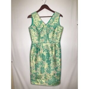 Tahari Arthur S Levine Teal Gold‎ Metallic Floral Brocade V Neck Sheath Dress 6